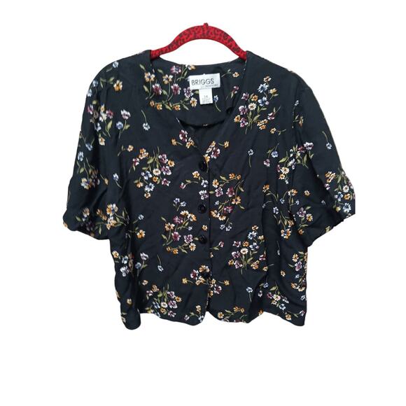 Briggs New York Black Floral Button Up Blouse Size 14 Classy - Picture 1 of 5